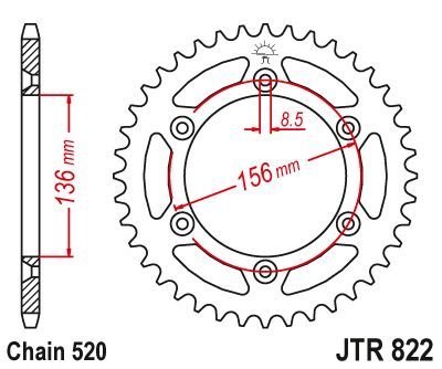 Achterkettingwiel / achtertandwiel	jtr822.44 , RGV250 M,N,P,R VJ22BJapan91-94 RGV250 N USA92 DR400 S-T,X,Z  80-83