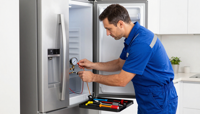 Técnico con uniforme azul reparando un refrigerador de acero inoxidable con herramientas abiertas sobre una bandeja.