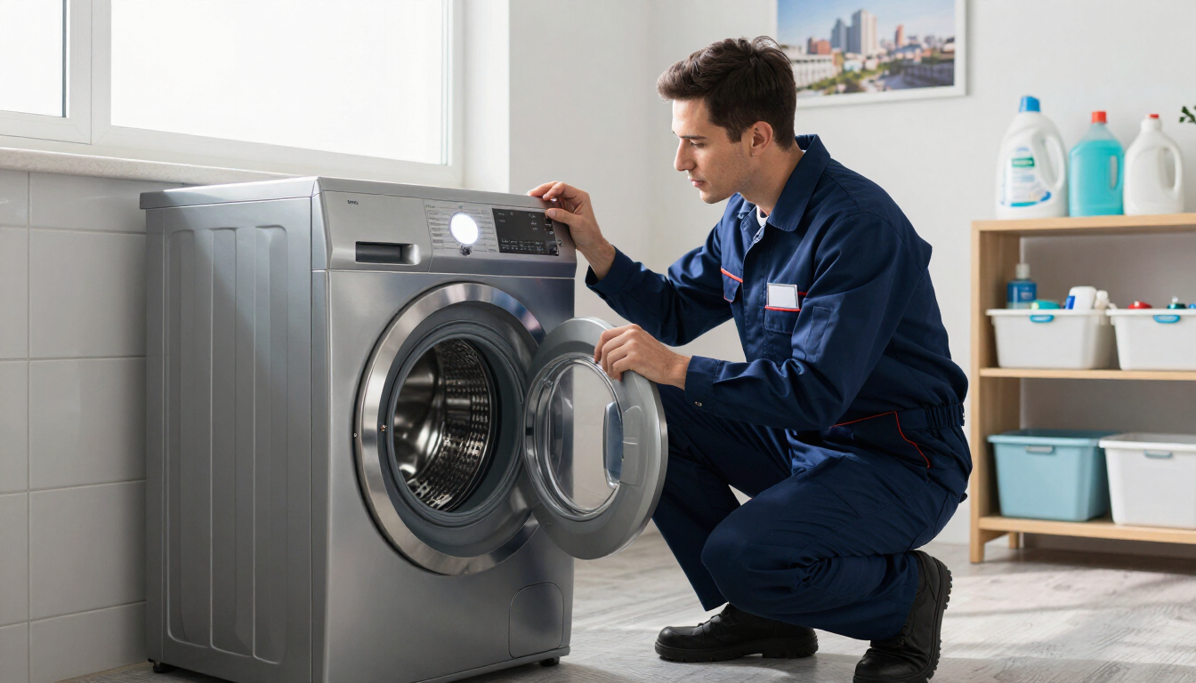 Técnico inspeccionando una lavadora de carga frontal en una lavandería.