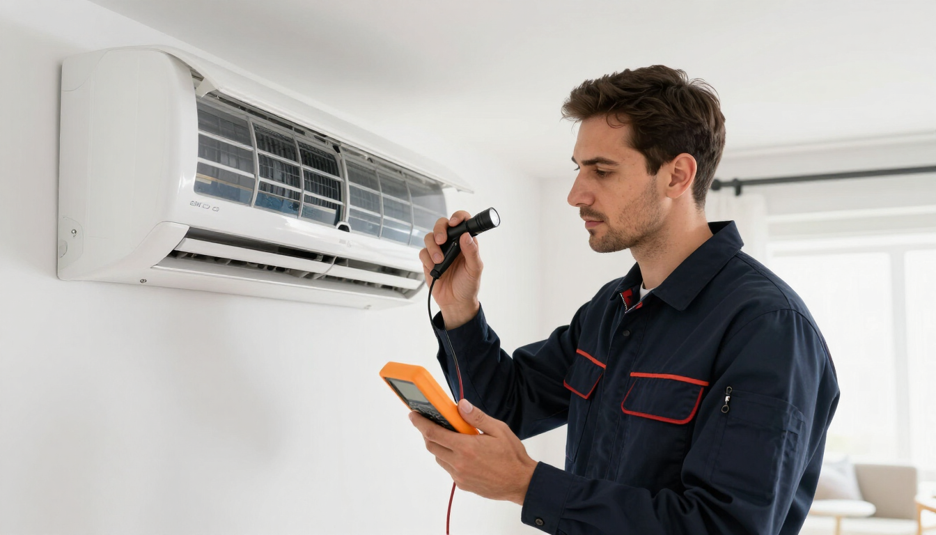 Técnico inspeccionando un aire acondicionado de pared con una herramienta y un portapapeles en una habitación luminosa.