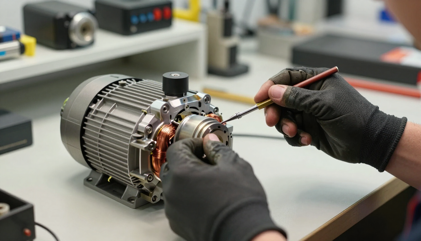 Manos enguantadas reparando un motor eléctrico con un destornillador en un banco de trabajo.