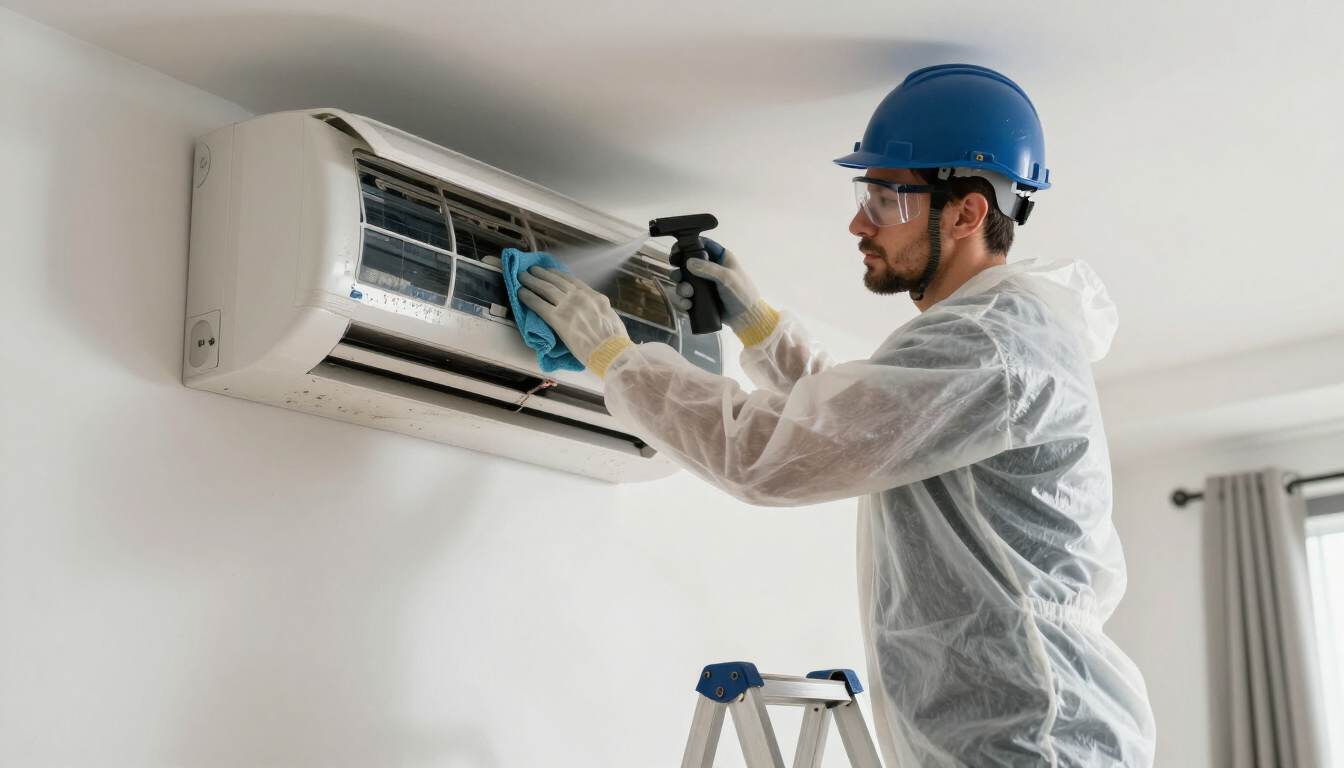 Técnico con casco azul limpiando un aire acondicionado mural en el interior de una vivienda.