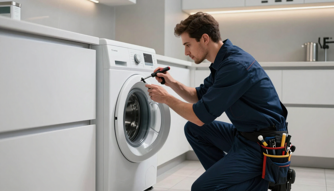 Técnico reparando una lavadora de carga frontal en una lavandería moderna.