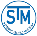 Logotipo de STM en azul y blanco con “Servicio Técnico Martins” en un diseño circular.