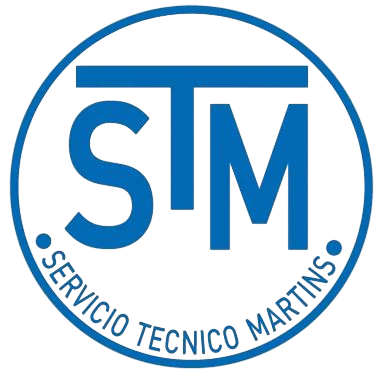 Logotipo de STM en azul y blanco con “Servicio Técnico Martins” en un diseño circular.