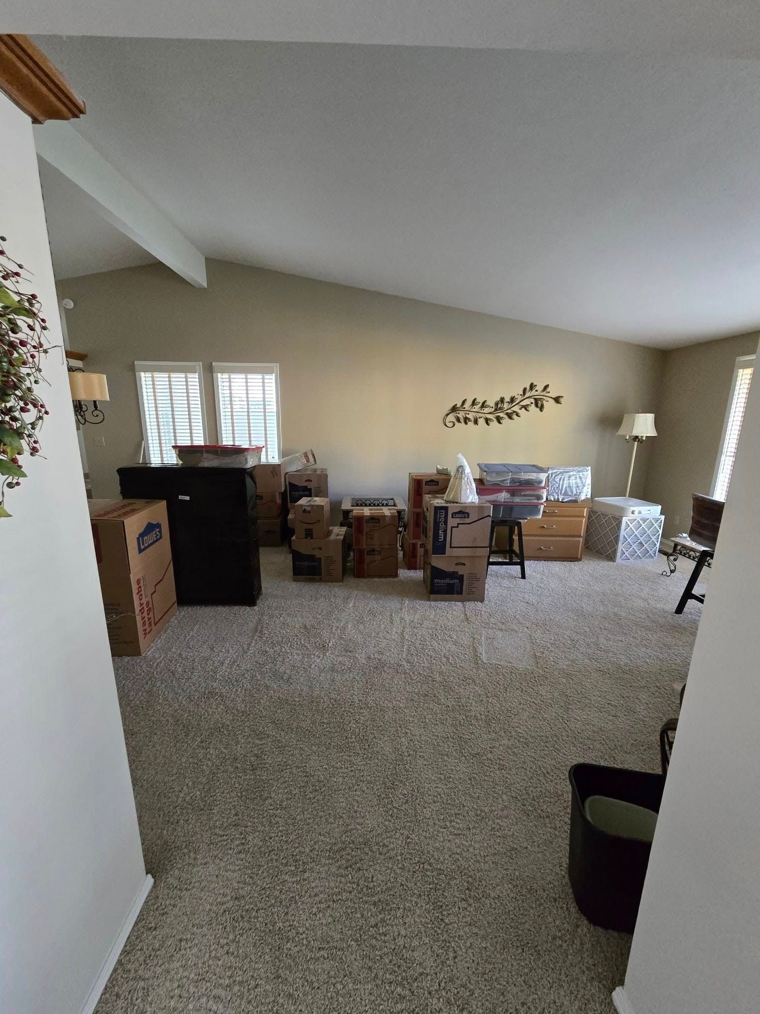 Living room filled with stacked moving boxes, carpeted floor, and a bright window wall