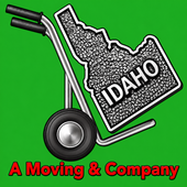 Idaho-shaped dolly logo on green background with “A Moving & Company” text