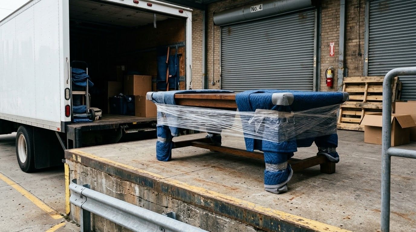 Blue industrial bench on a concrete dock beside an open truck loading bay and warehouse