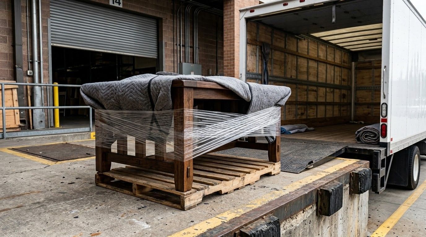 Shrink-wrapped pallet of goods on a loading dock beside a truck