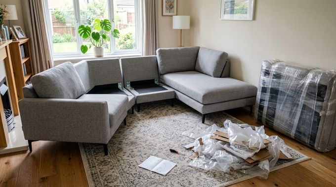 Gray sectional sofa in a sunlit living room, with unpacked plastic wrapping on the rug and a boxed item nearby.
