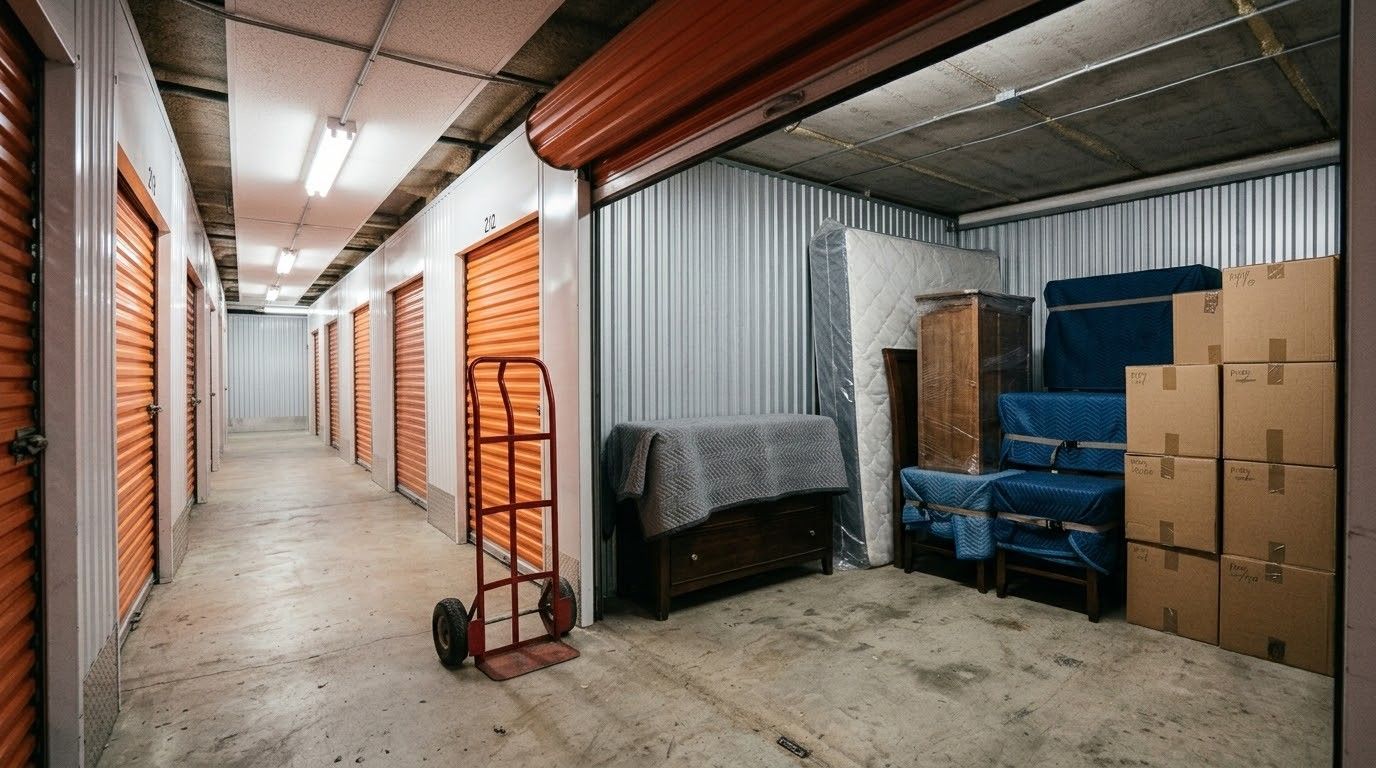 Storage unit corridor with stacked boxes, blue chairs, and covered furniture along corrugated metal walls