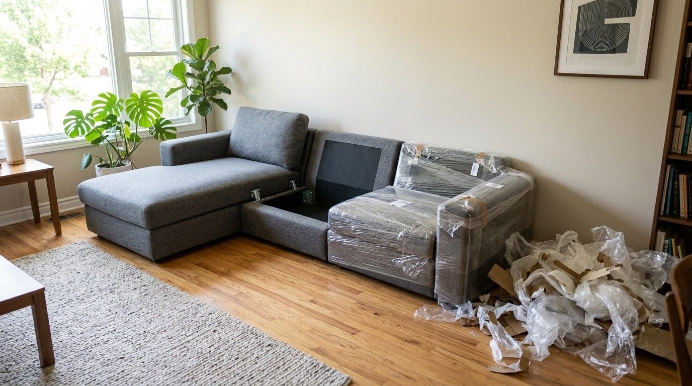 Gray sectional sofa wrapped in plastic in a bright living room with wood floor and moving boxes