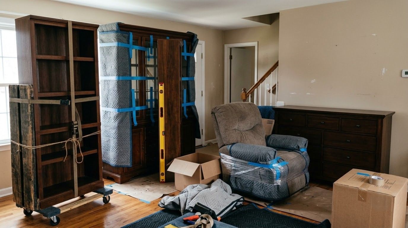 Living room with unpacked boxes, furniture, and shelving, in the middle of moving or organizing