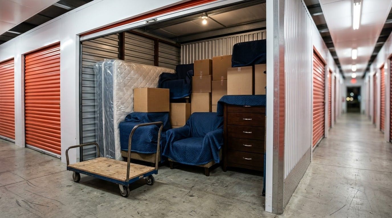 Storage lockers with moving boxes, wrapped furniture, and carts in a storage facility corridor