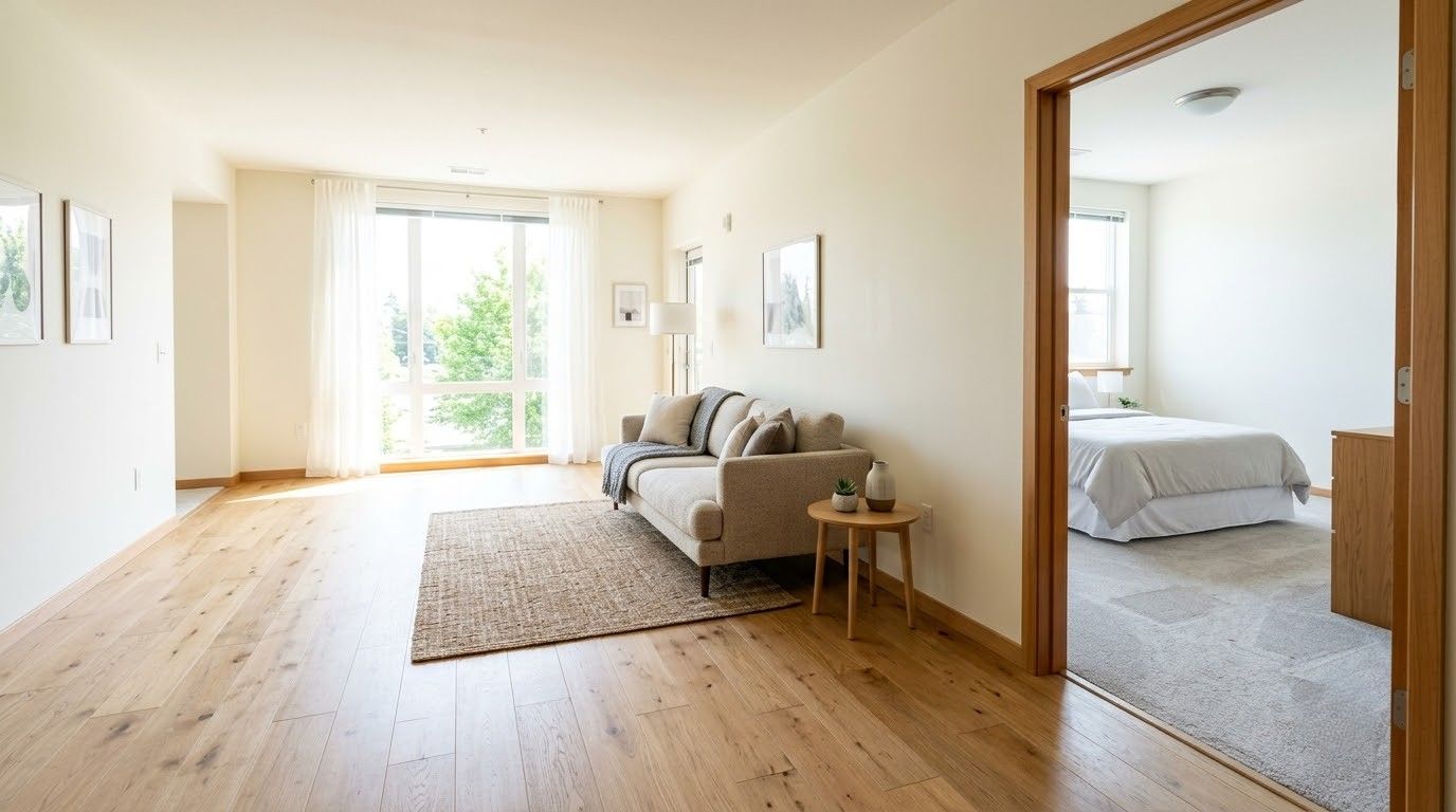 Bright living room with light wood floors, sofa, rug, and open doorway to a bedroom.