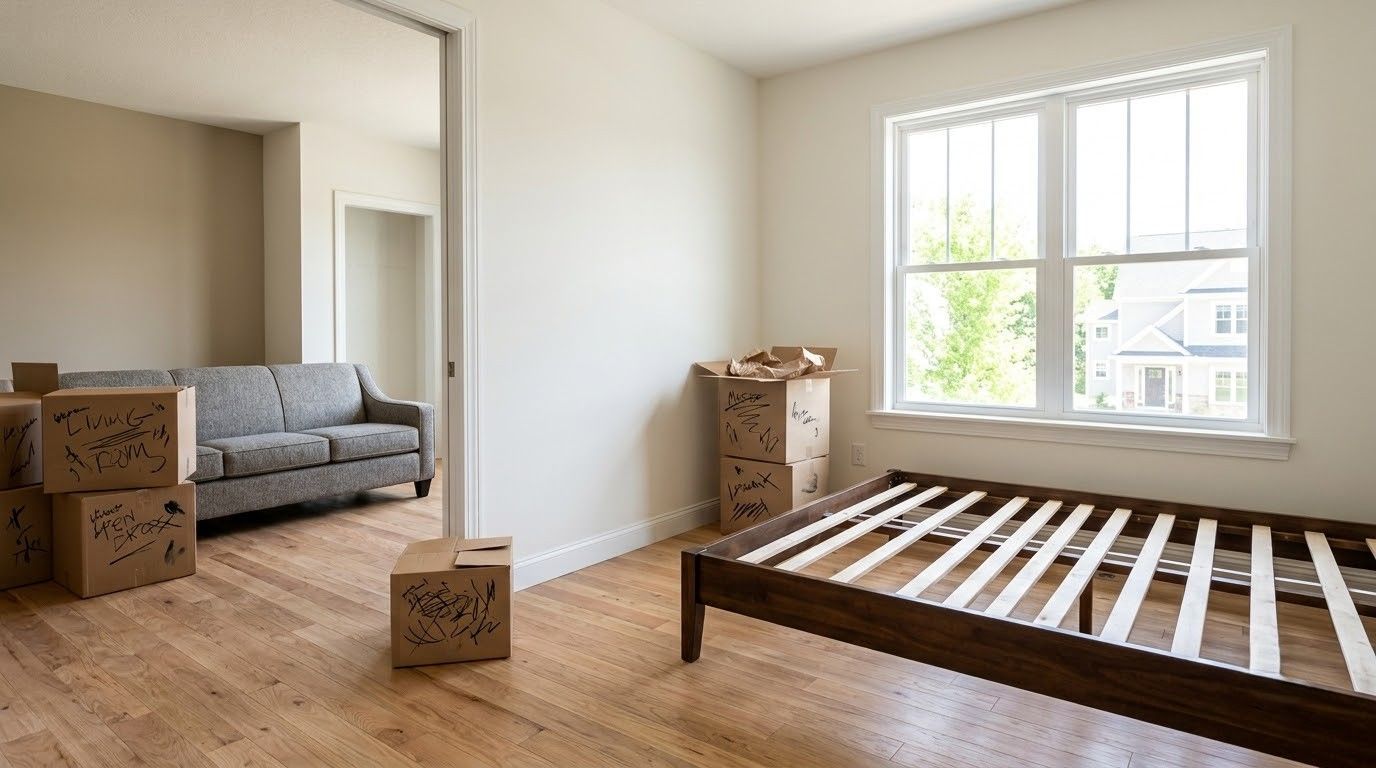 Empty unfurnished bedroom with a bed frame, moving boxes, and sunlight through a large window