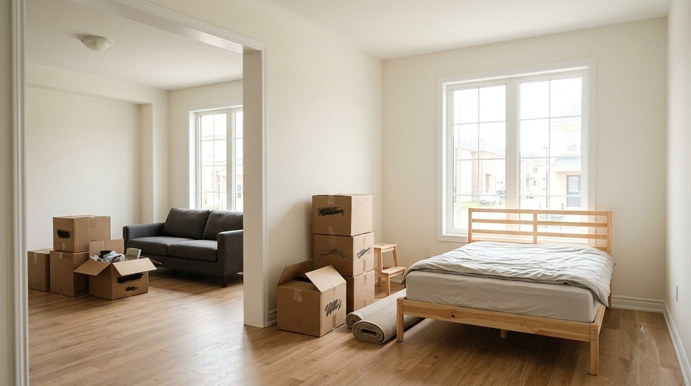 Bright apartment with moving boxes, a sofa in one room, and a bed by a large window in another.