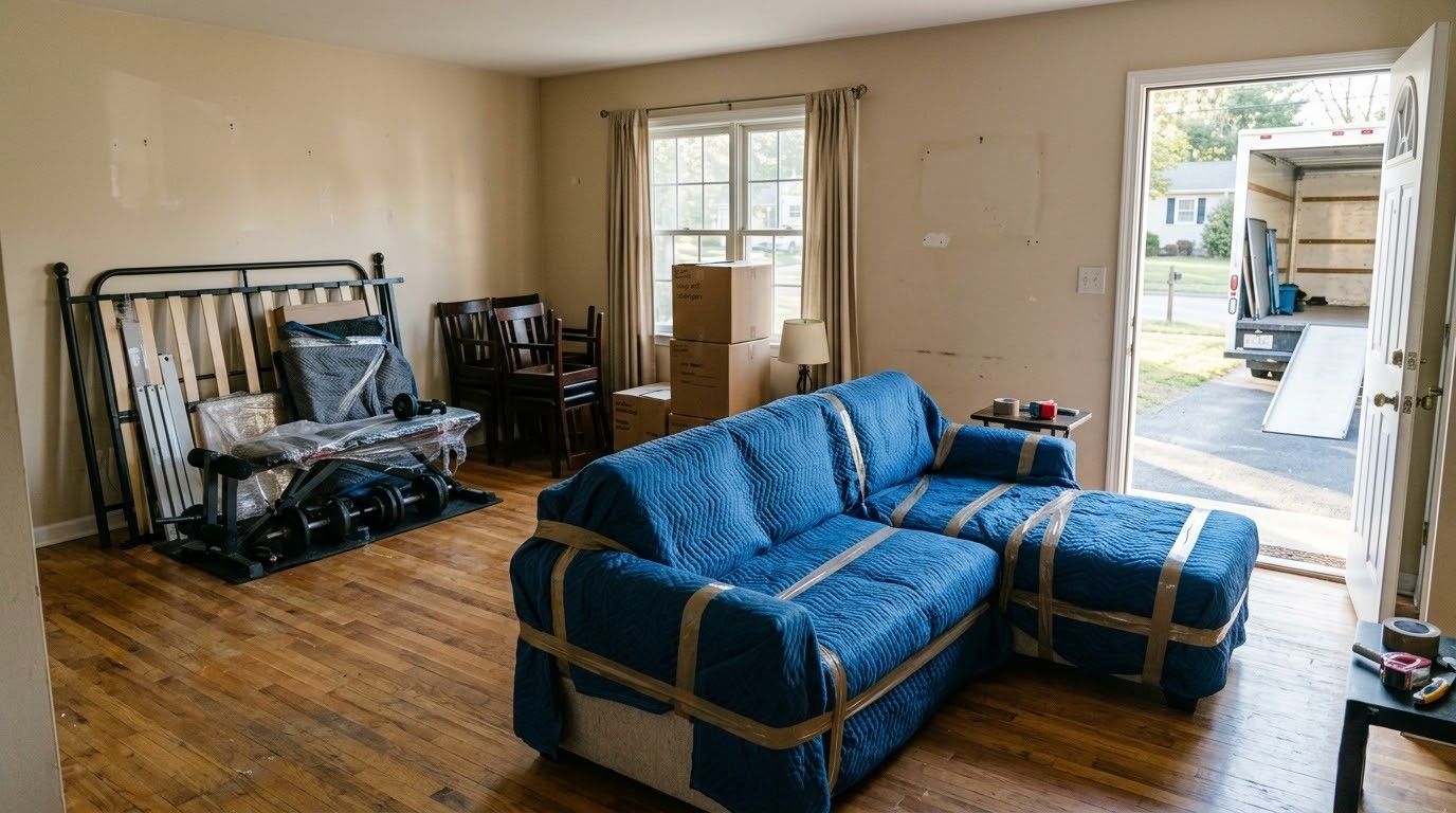 Living room with blue couches, hardwood floors, and an open door to the outside