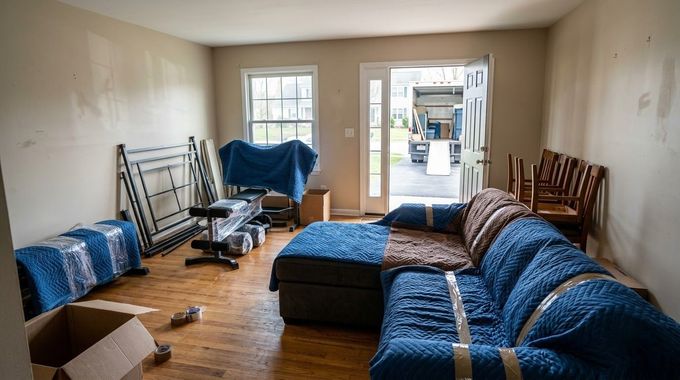 Living room with blue-covered furniture, hardwood floor, and moving items near the back doorway