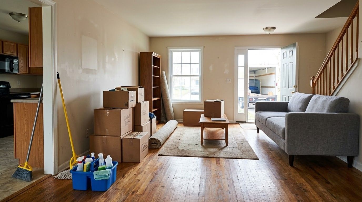 Living room with moving boxes, couch, coffee table, and sunlight from windows