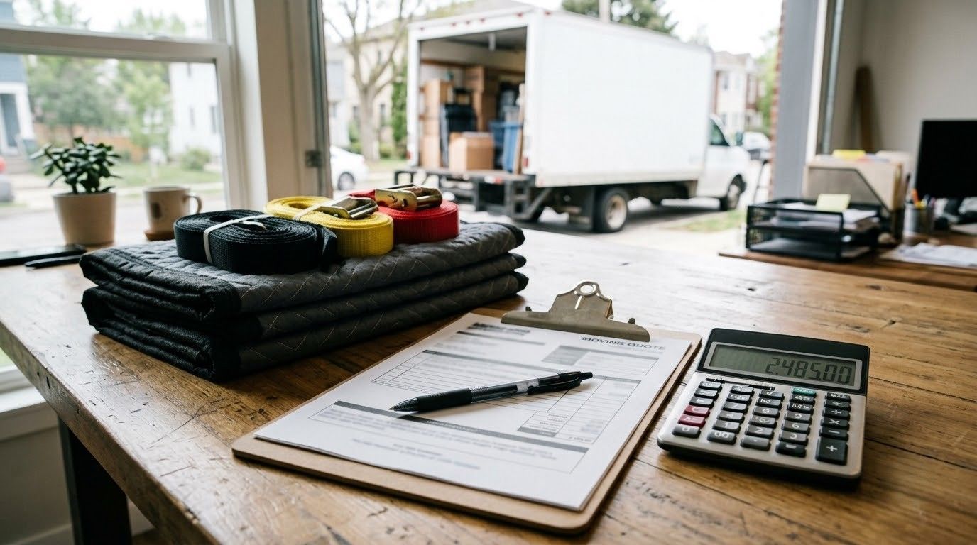 Clipboard, pen, calculator, and folded cloth on a wooden table in a bright moving van setup