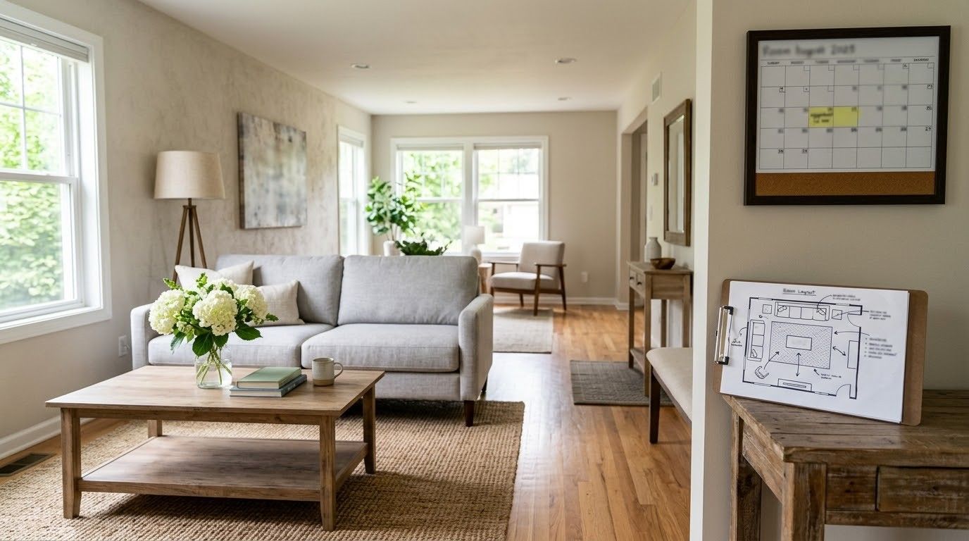 Bright living room with gray sofa, coffee table, floor lamp, and framed wall art; dining area in back.