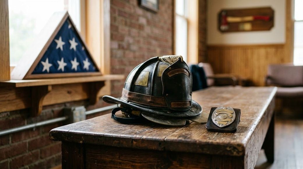 Firefighter’s helmet and badge on a wooden table in a room with an American flag display