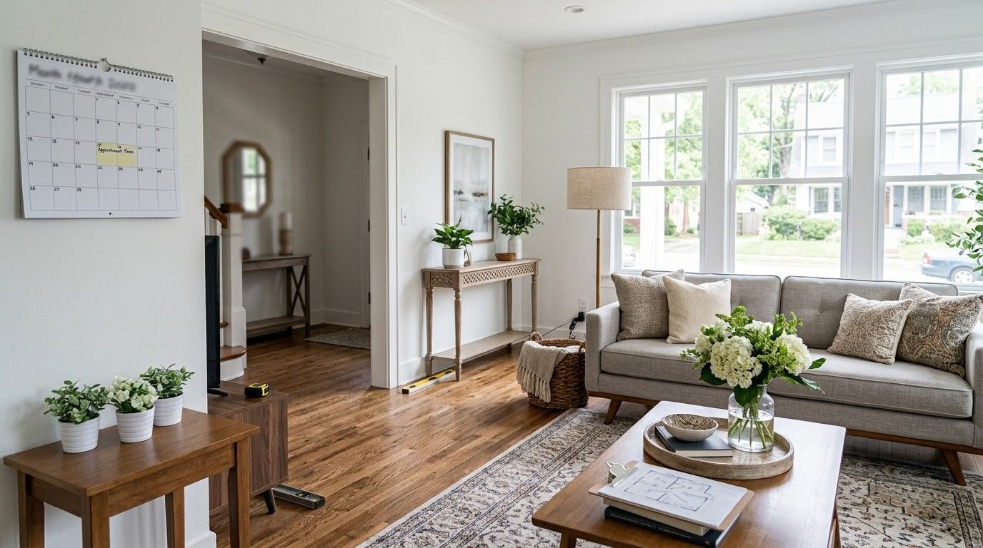Bright living room with gray sofa, coffee table, plants, and large windows letting in natural light