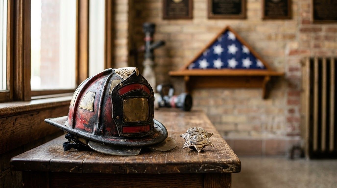 Firefighter helmet on a table in a brick room with a folded U.S. flag in the background