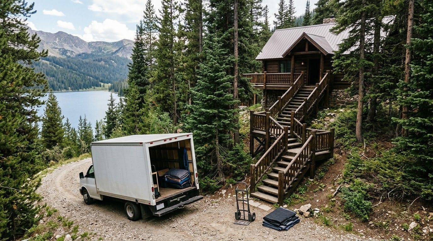 White box truck and wooden cabin on a forested hillside above a lake, with mountains in the background