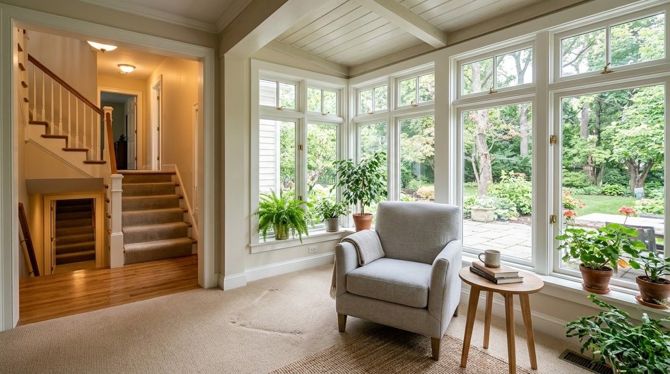 Bright sunroom with white armchair, side tables, plants, and large windows overlooking a garden
