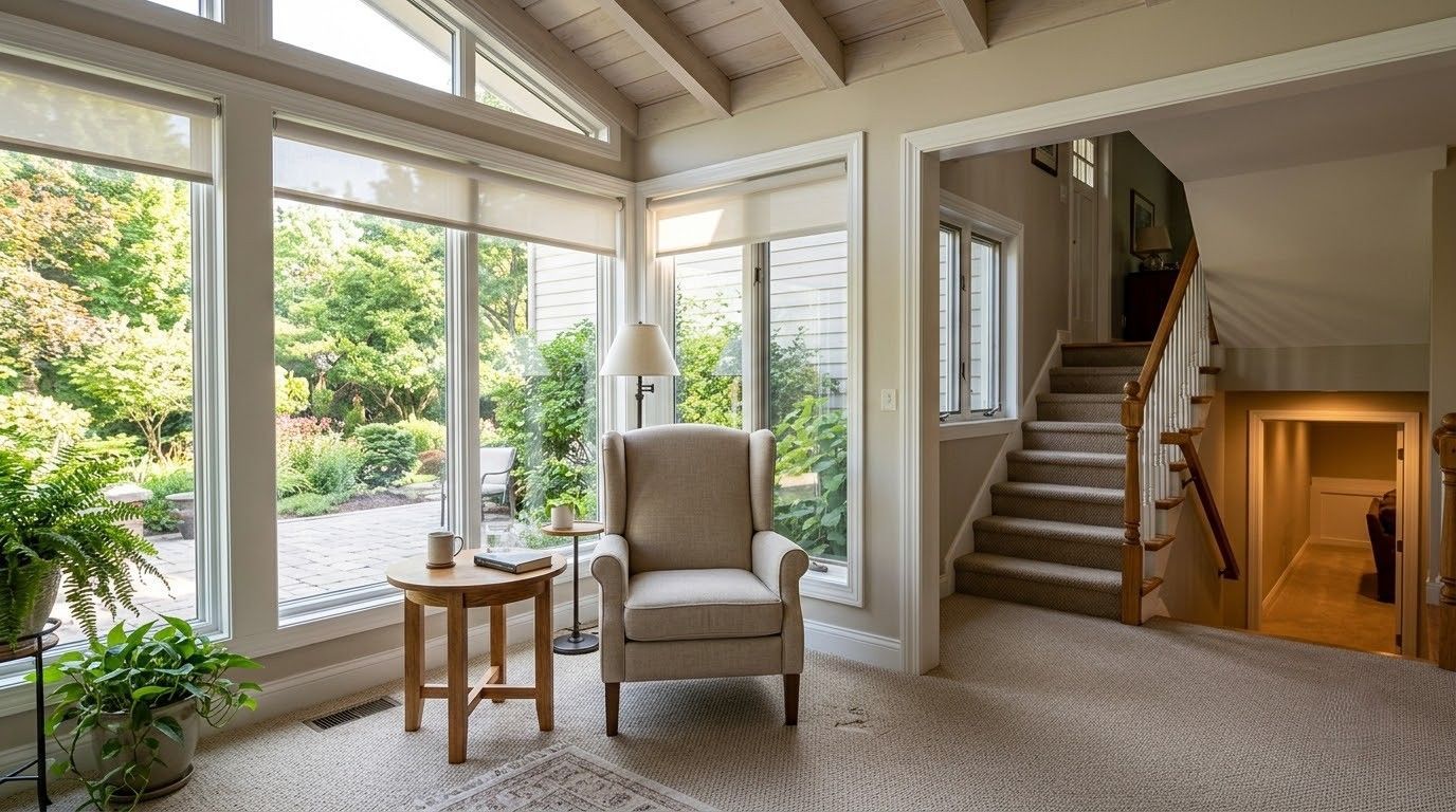 Bright living room with large windows, armchair, small table, and staircase to a lower level