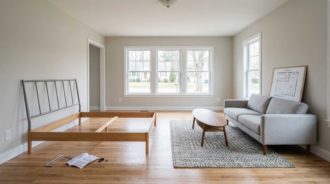 Bright living room with a gray sofa, wooden bed frame, rug, coffee table, and large window.