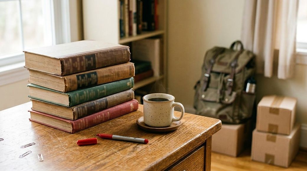 Stack of books, mug, and pen on a wooden table in a cozy room with a backpack and boxes by the window.