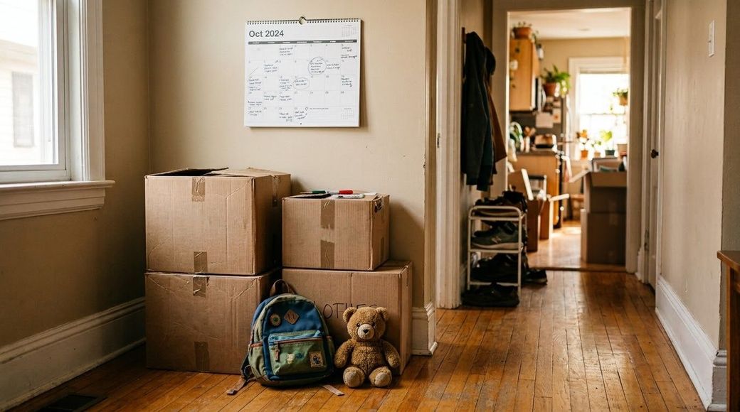Packed moving boxes and a backpack in a hallway with a whiteboard on the wall
