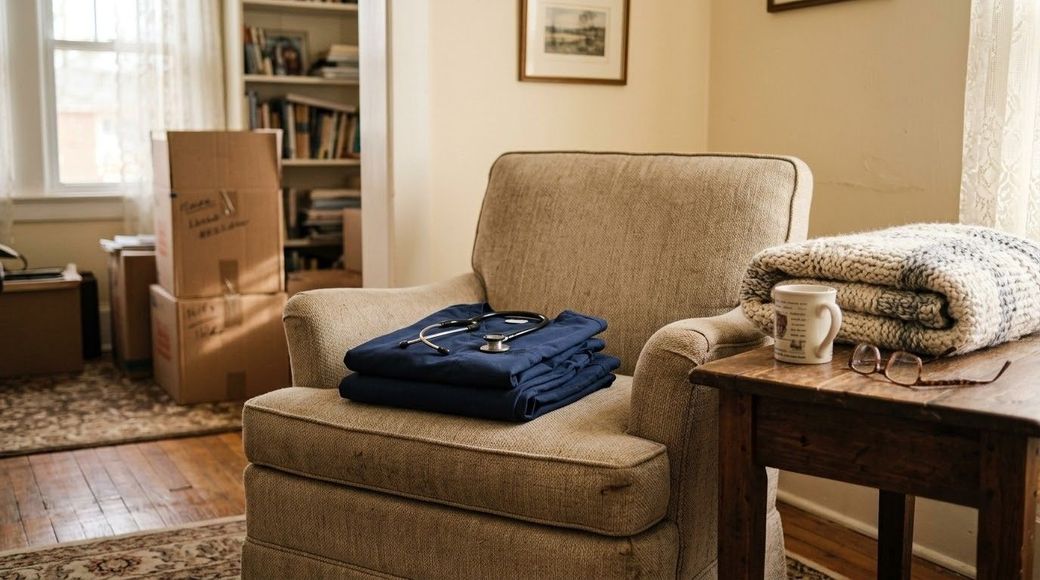 Cozy living room with beige chair, folded blue clothes, side table, and cardboard box by the window