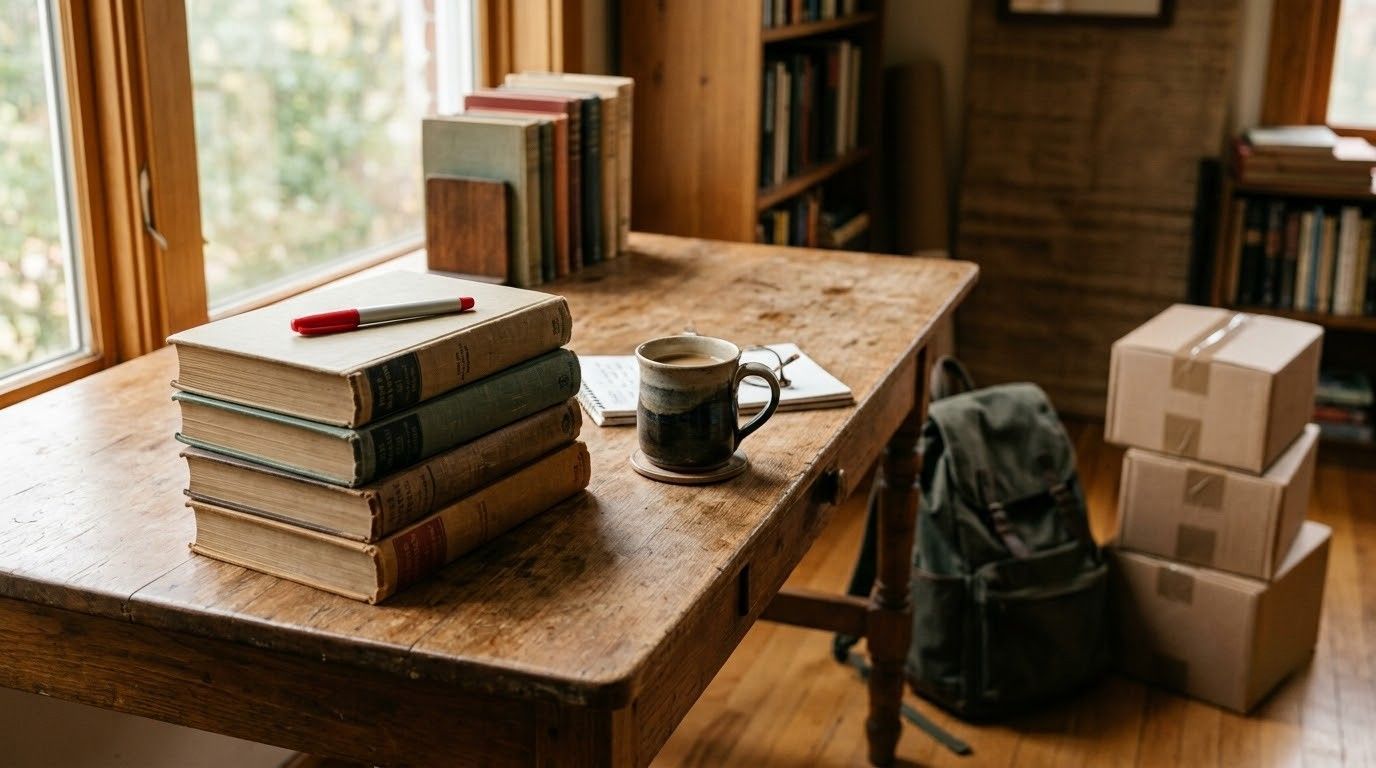 Books stacked on a wooden desk beside a mug, backpack, and moving boxes near a window