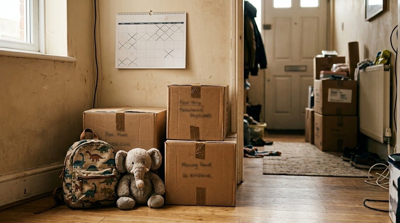 Packed moving boxes and a backpack in a narrow hallway near a front door and calendar.