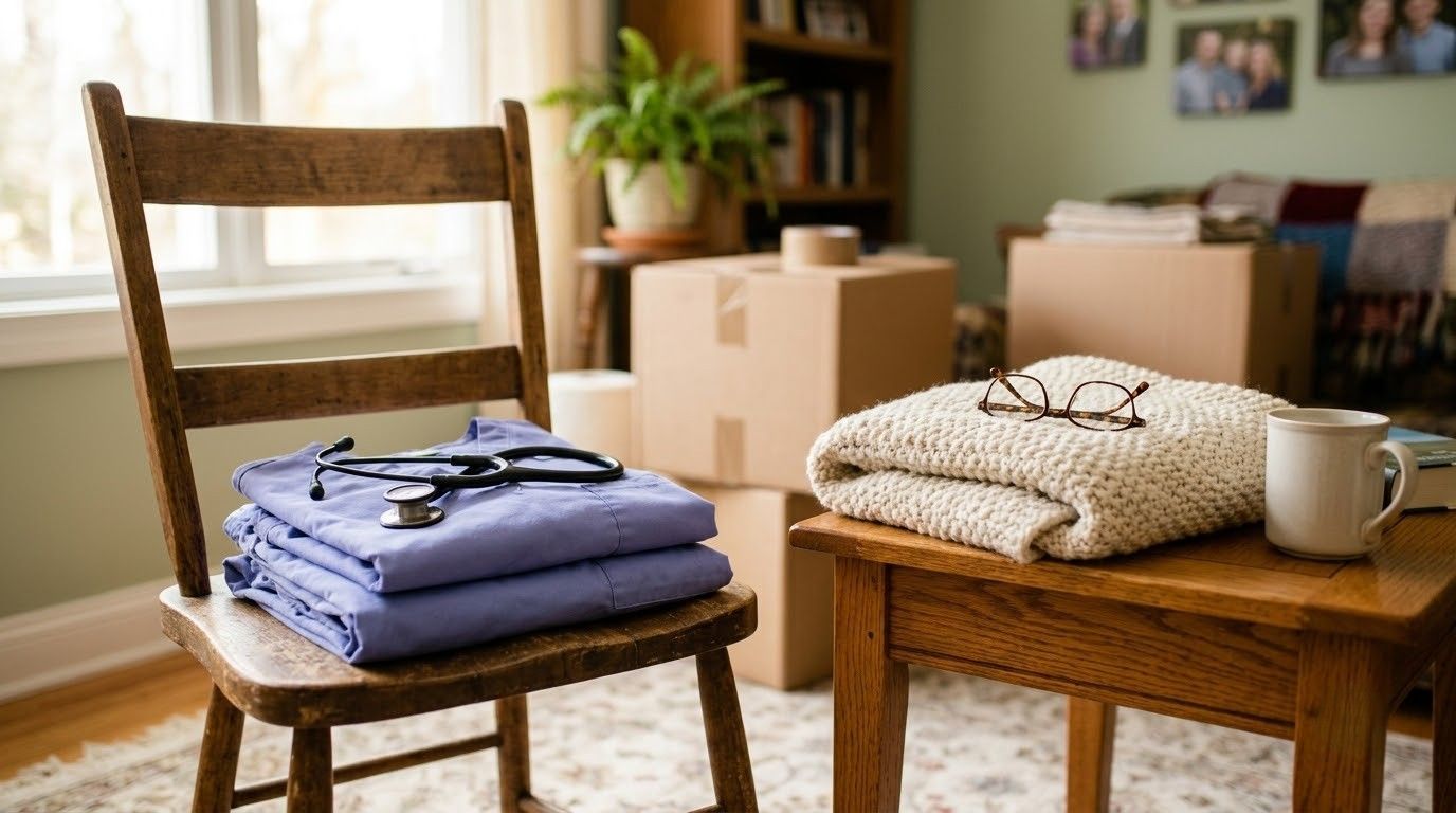 Folded clothes on a wooden chair and table in a cozy room with moving boxes and a coffee mug