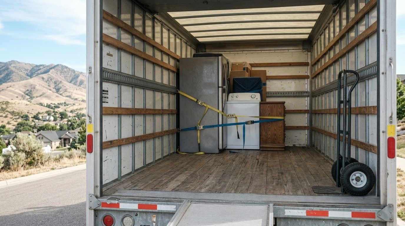 Empty moving truck interior with a refrigerator strapped in place, viewed from the open rear.