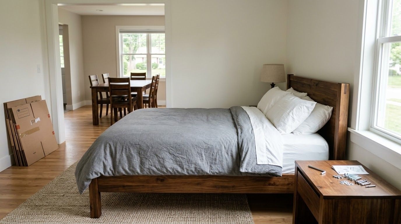 Spacious bedroom with a wooden bed, gray bedding, nightstand, and dining area by the window