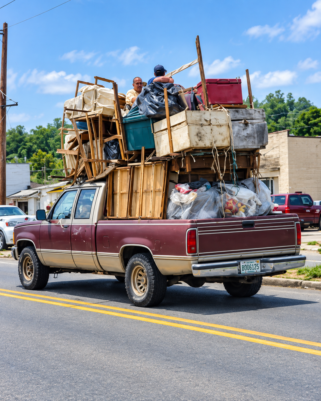 Old maroon pickup truck overloaded with furniture and household items driving down a road