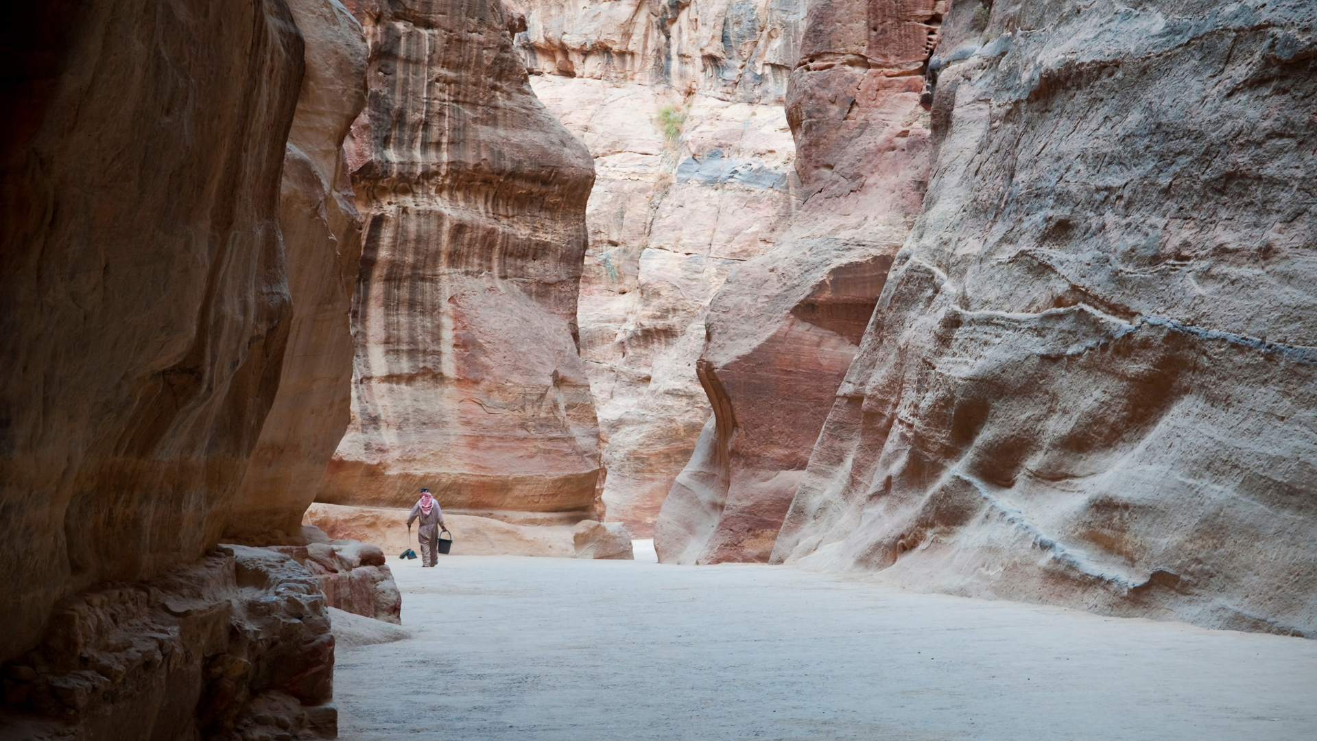 Narrow canyon path with a person on a donkey, Petra, Jordan. Red and tan rock walls.