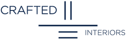 Crafted Interiors logo in navy blue and gray, with stylized lines and text.