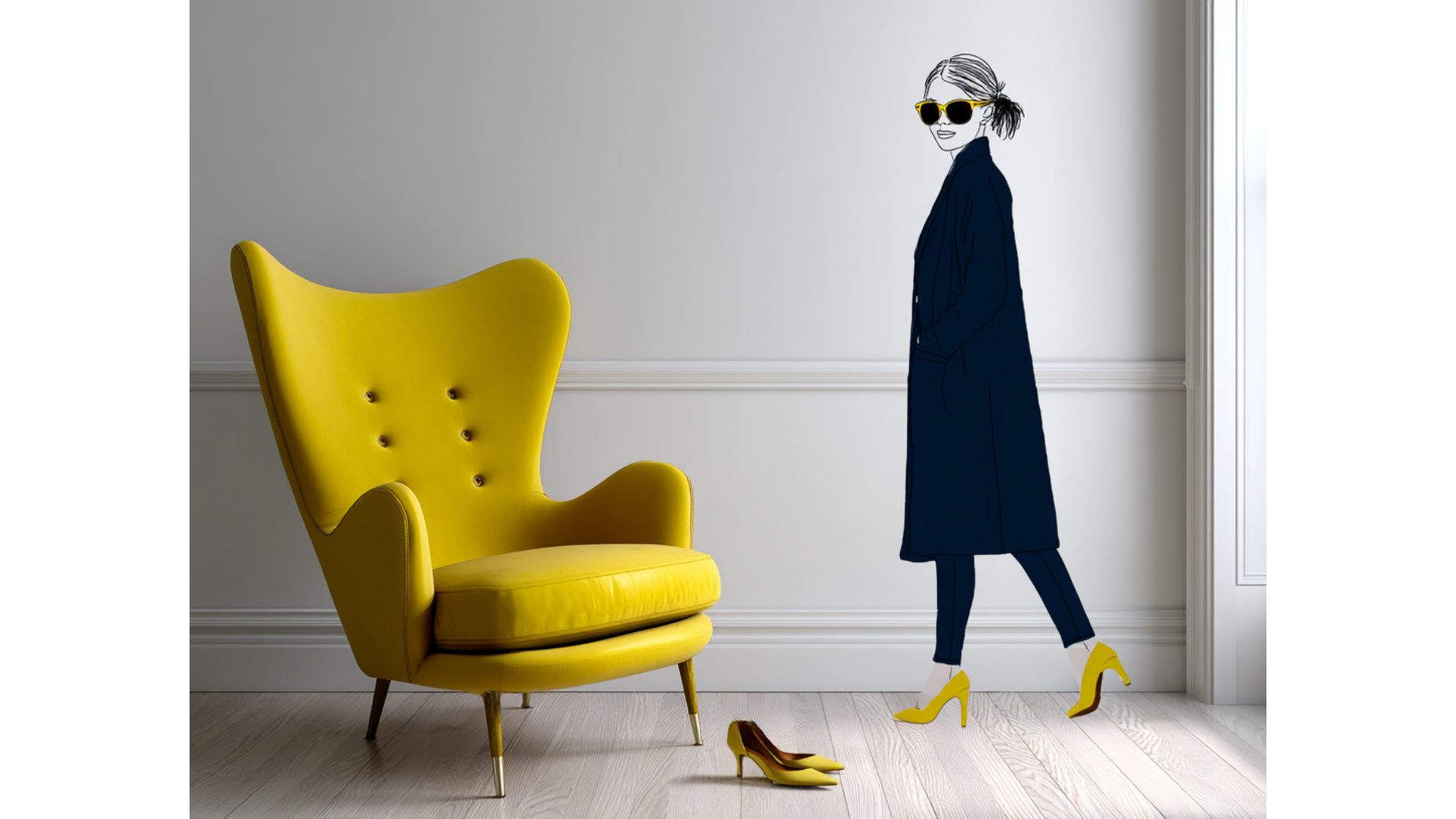 Yellow wingback chair beside a tall model in a dark coat and yellow heels in a bright room at Crafted 1111
