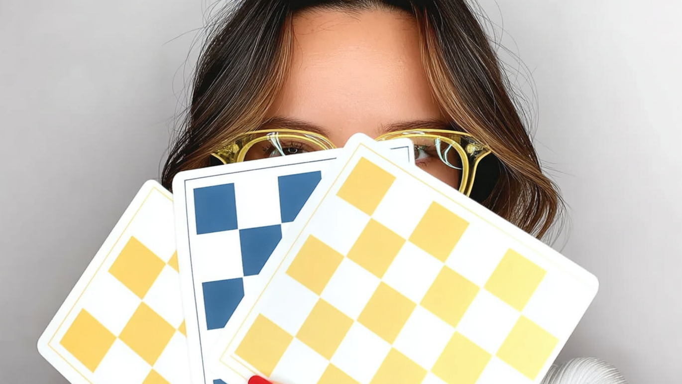 Person holding two checkered cards in front of their face, wearing yellow-tinted glasses at Crafted 1111