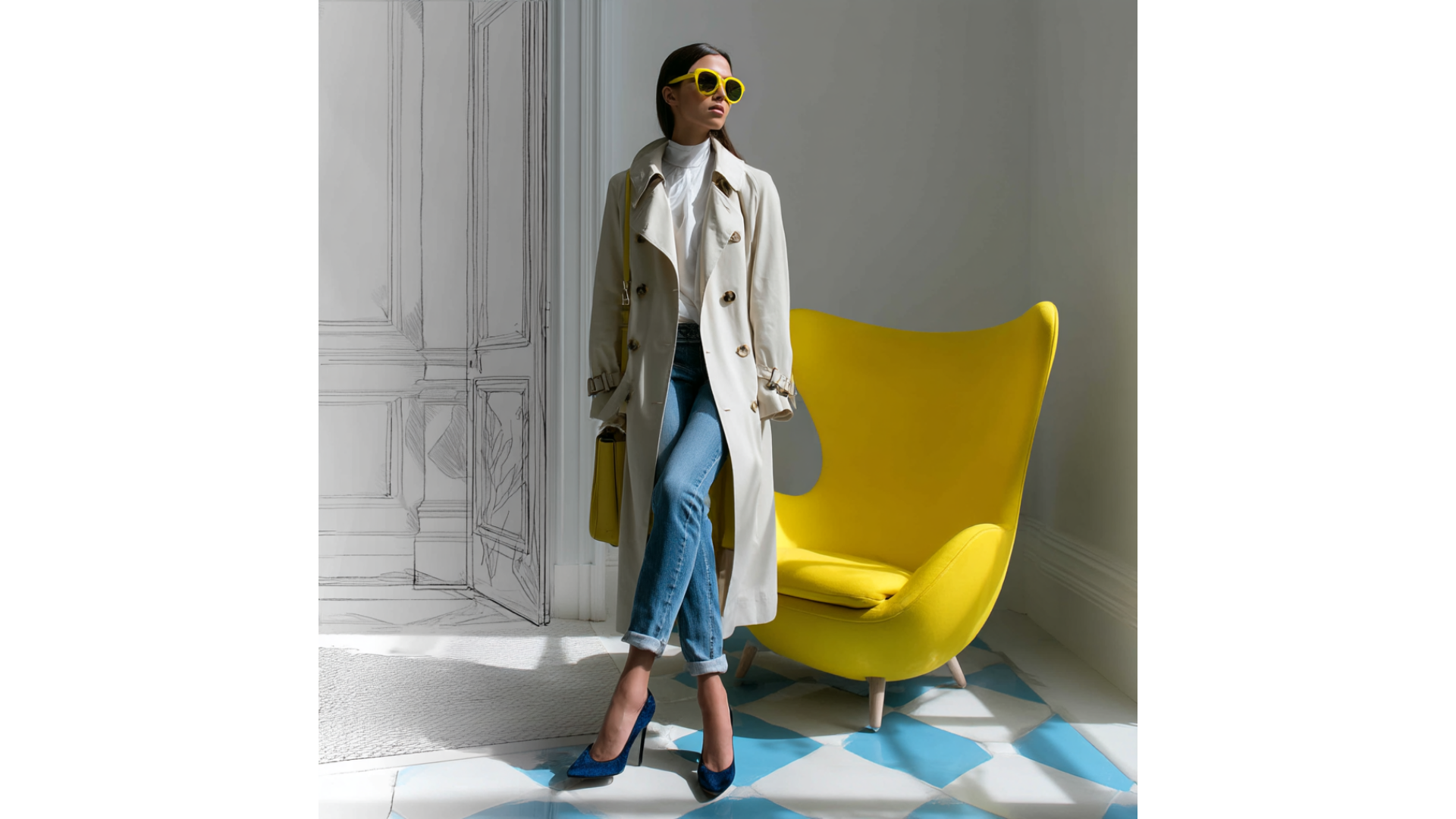 Person in a beige coat and sunglasses stands beside a bright yellow chair in a sunlit room with blue-and-white floor tiles at CRAFTED 1111 fashion