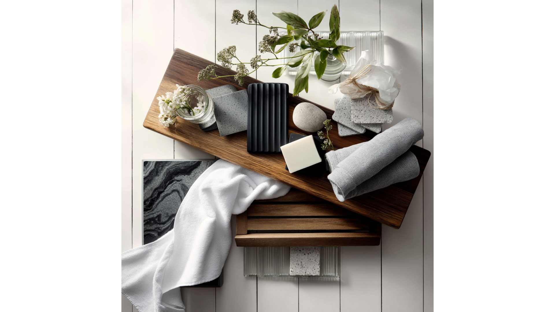 Folded towels and candles on a wooden tray with flowers and leaves, arranged on a white bed or table at CRAFTED 1111 fashion