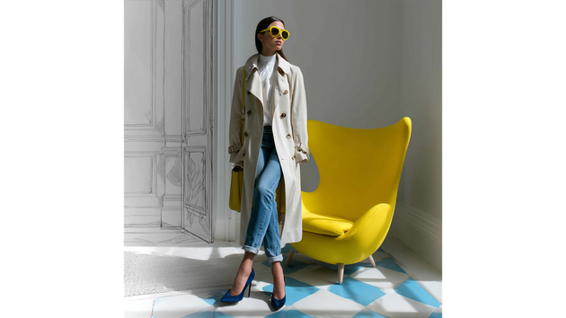 Person in sunglasses and beige coat stands beside a bright yellow chair in a sunlit room at CRAFTED 1111 fashion