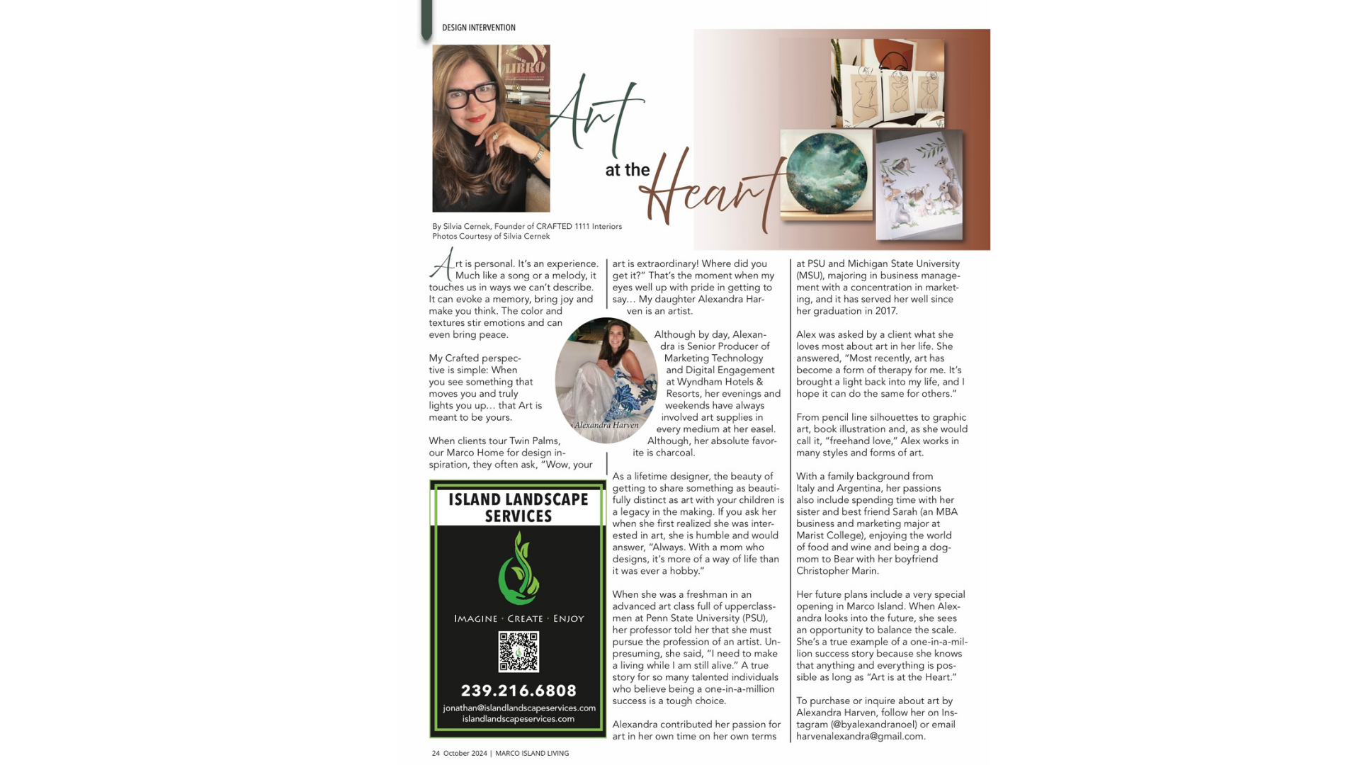 Magazine-style page with text columns, portraits, and product photos on a white background